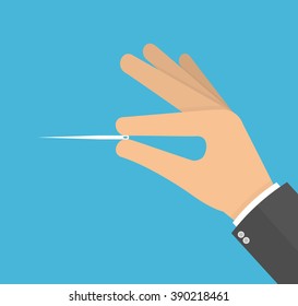 Hand Holding Sewing Needle. Flat Design