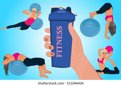 hand holding shake bottle, fitness concept, vector illustration