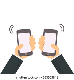 Hand holding and shaking smart phone - shake vector illustration