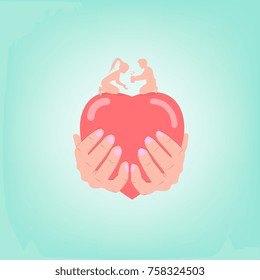 Hand holding shape heart.Man and woman Helping to plant trees. Vector illustration concept Valentine day, trust, together.