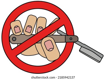 Mano sosteniendo una cuchilla afilada, signo de prohibición aislado sobre fondo blanco en estilo de caricatura en gráfico vectorial