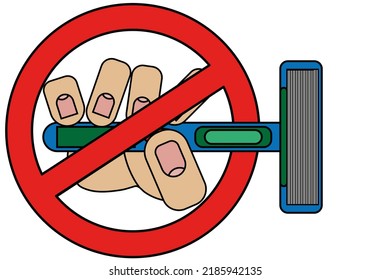 Hand holding shaving machine, prohibition sign isolated on white background in cartoon style in vector graphic