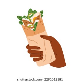 Hand holding shawarma, kebab roll. Shaurma wrap with meat and vegetable filling, street food. Doner, shawerma snack with chicken and egg. Flat vector illustration isolated on white background