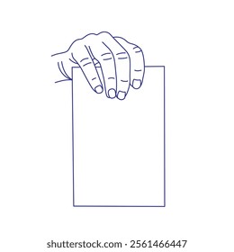 Hand holding a sheet of paper. Contour vector illustration. Index, middle, ring, little fingers and thumb