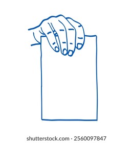 Hand holding a sheet of paper. Doodle vector illustration. Index, middle, ring, little fingers and thumb