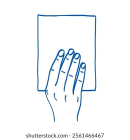 Hand holding a sheet of paper. Doodle vector illustration. Index, middle, ring, little fingers and thumb