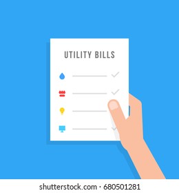 hand holding sheet with utility bills. simple flat style trend modern graphic creative design. concept of check transaction of money for house rent or contract document for tenant or renter