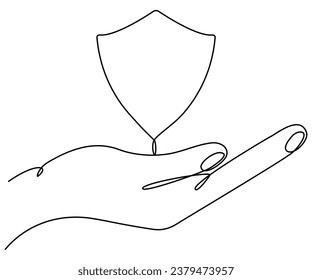 Hand holding shield badge continuous one line drawing. Guard protect linear symbol. Vector illustration isolated on white.