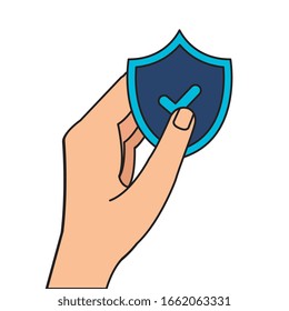 hand holding shield with check mark design of Security system warning protection danger web alert and safe theme Vector illustration