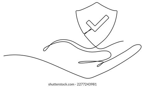 Hand holding shield with checkmark badge continuous line drawing. Approval check guard sign. Protect linear symbol. Vector illustration isolated on white.