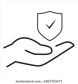 Hand holding a shield with checkmark editable stroke outline icon isolated on white background. Symbol sign pictogram