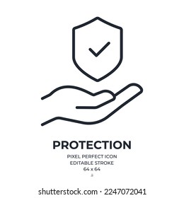 Hand holding a shield with checkmark. Insurance and protection concept editable stroke outline icon isolated on white background flat vector illustration. Pixel perfect. 64 x 64.