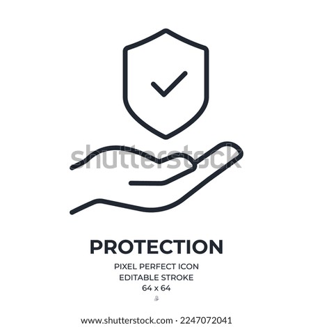Hand holding a shield with checkmark. Insurance and protection concept editable stroke outline icon isolated on white background flat vector illustration. Pixel perfect. 64 x 64.