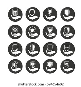 hand holding shield icon set in circle buttons