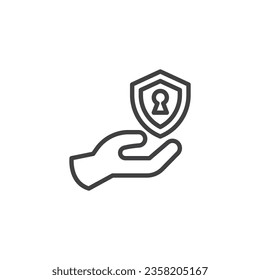 Hand holding shield line icon. linear style sign for mobile concept and web design. Personal protection outline vector icon. Symbol, logo illustration. Vector graphics