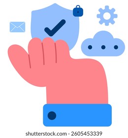 Hand holding a shield with mail and gear icons, cloud security and data protection concept flat vector illustration
