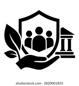 Hand Holding Shield with People, Leaf and Classical Building Silhouette for ESG, Sustainability and Corporate Governance Reporting