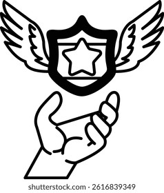 A hand holding a shield with a star on it