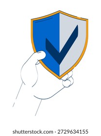 Hand, die Schild Symbol mit Häkchen doodle Cartoon Illustration hält. Vertrauenswürdigkeit überprüft. Schutzmarkierung 2D-Vektorgrafik einzeln auf weißem Hintergrund. Bearbeitbarer handgezeichneter Clipart