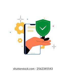 Hand Holding A Shield Symbol Over Smartphone In Flat Vector Illustration Symbolizing Mobile Security, Privacy, And Data Protection, Isolated On White Background