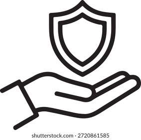 Hand holding a shield symbolizing protection and security in a simple black and white illustration representing safety and defense measures effectively.