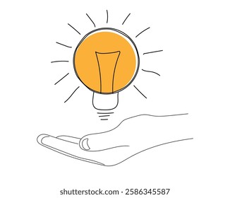 Hand Holding a Shining Light Bulb Hand Drawn. Technology and bright idea brainstorming concept vector art