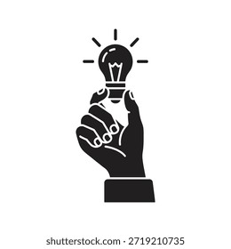 Mão segurando lâmpada brilhante ícone vetor preto sólido isolado branco fundo descoberta ideia solução símbolo de invenção ilustração de design gráfico