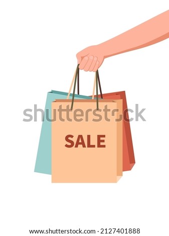 Hand holding shop bag. Hand holding shopping bag. Discount offer in boutique for shopper. Purchase in woman arm. Flat fashion banner for concept of sale. Vector.