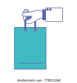 hand holding a shopping bag in blue and purple color sections silhouette