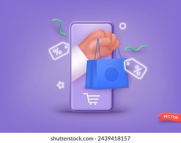 Bolso de la compra de la mano que sale de la pantalla del teléfono. Ilustración de concepto de compra o entrega en línea. Ilustraciones de vectores web 3D.