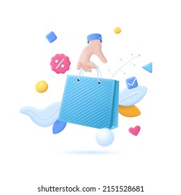 Hand holding shopping bag. Concept of Black Friday sale or discount ad, electronic commerce, buying goods in Internet store, online retail. Modern vector illustration in pseudo 3d style for banner.