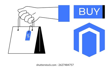 Hand holding a shopping bag with a percentage discount tag, blue BUY button, and ecommerce icon. Ideal for online shopping, ecommerce, retail sales, marketing, discounts, promotions, digital