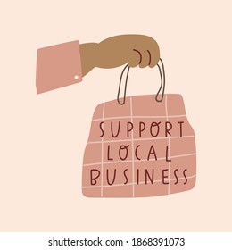 Hand holding shopping bag. Support local business. Illustration on pink background.