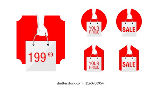 Hand holding shopping bag - vector template for sticker, sale tag, retail and other promo