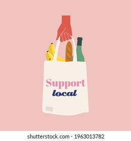 Hand holding shopping bag. Wine, bananas, baguette. Support local. Small business. Vector