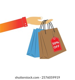 Hand holding shopping bags with a red label with 50% off phrase on a white background with copy space