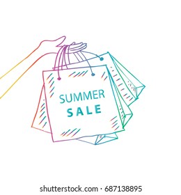 Hand holding shopping bags for summer sale. Sketchy style.