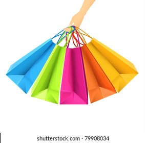 Hand holding shopping bags - vector illustration