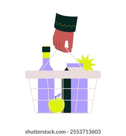 Hand Holding Shopping Basket With Groceries In Flat Vector Illustration Symbolizing Shopping, Convenience, And Lifestyle, Isolated On White Background