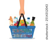 Hand holding shopping basket and grocery paper bag with foods and drinks products