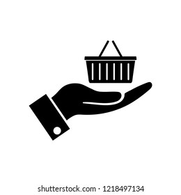 Hand holding shopping cart icon, logo on a white background