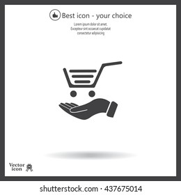 hand holding a shopping cart online store. icon. Vector Eps 10