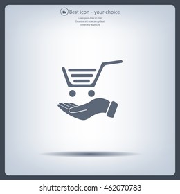 hand holding a shopping cart online store. icon. Vector Eps 10