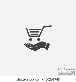 hand holding a shopping cart online store. icon. Vector Eps 10