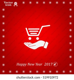 hand holding a shopping cart online store. icon. Vector Eps 10