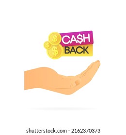 Hand holding shopping cash back sign. Realistic hand. White background. Vector illustration.