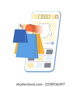 Hand holding shopping, packages, goods, handing from online store, flat illustration, color, isolated
