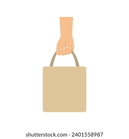 Hand holding shopping tote bag. Vector illustration.