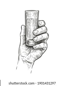 Hand holding a shot of alcohol drink. Vintage sketch vector illustration