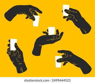 Hand holding shot of alcohol. Set hand drawn silhouettes human arms. Flat vector illustration.